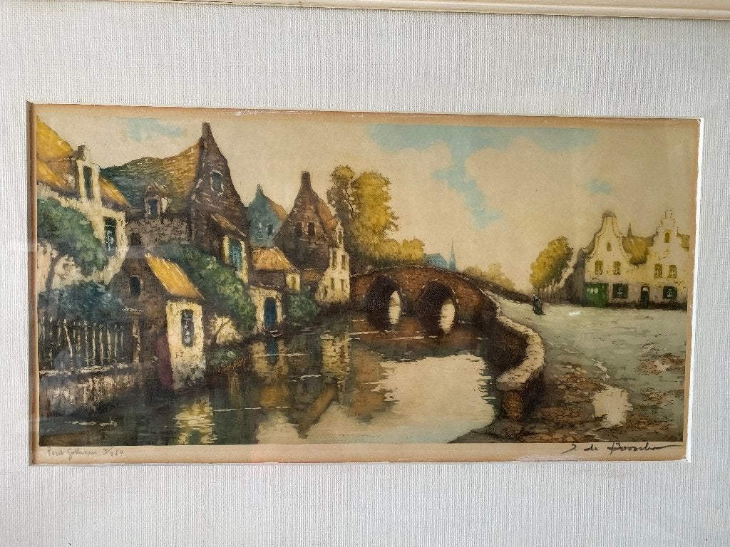 Prachtige romantische gravure v/d/ Pont Gothique, Stadsgezicht, Gravure, Gesigneerd, 69 cm