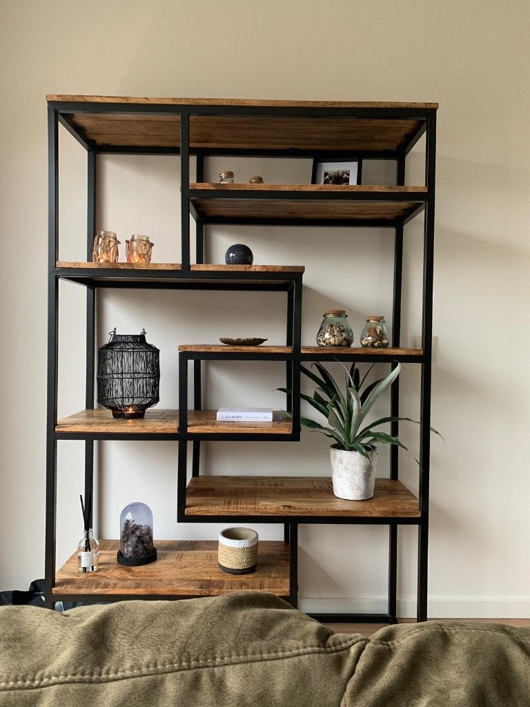 Wandmeubel Kyan zwart/naturel mangohout, Ophalen, Met plank(en), Zo goed als nieuw, Minder dan 150 cm