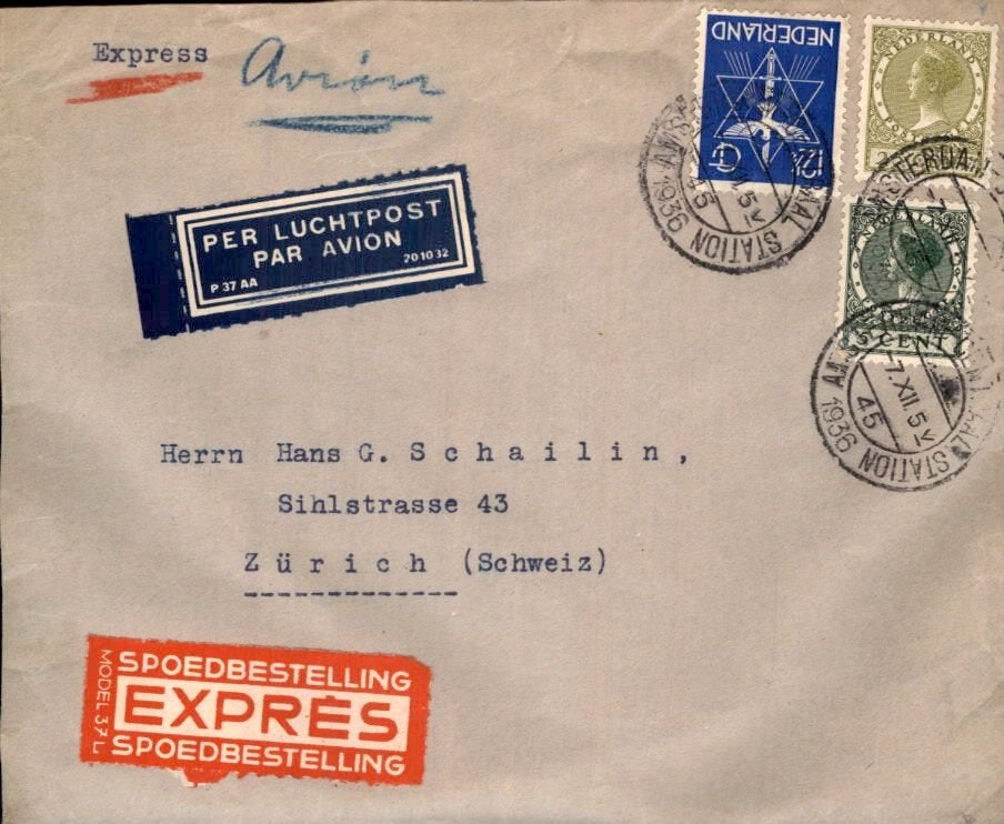 Amsterdam - Expres - Zurich - Frankering - 1936, Ophalen of Verzenden, Envelop