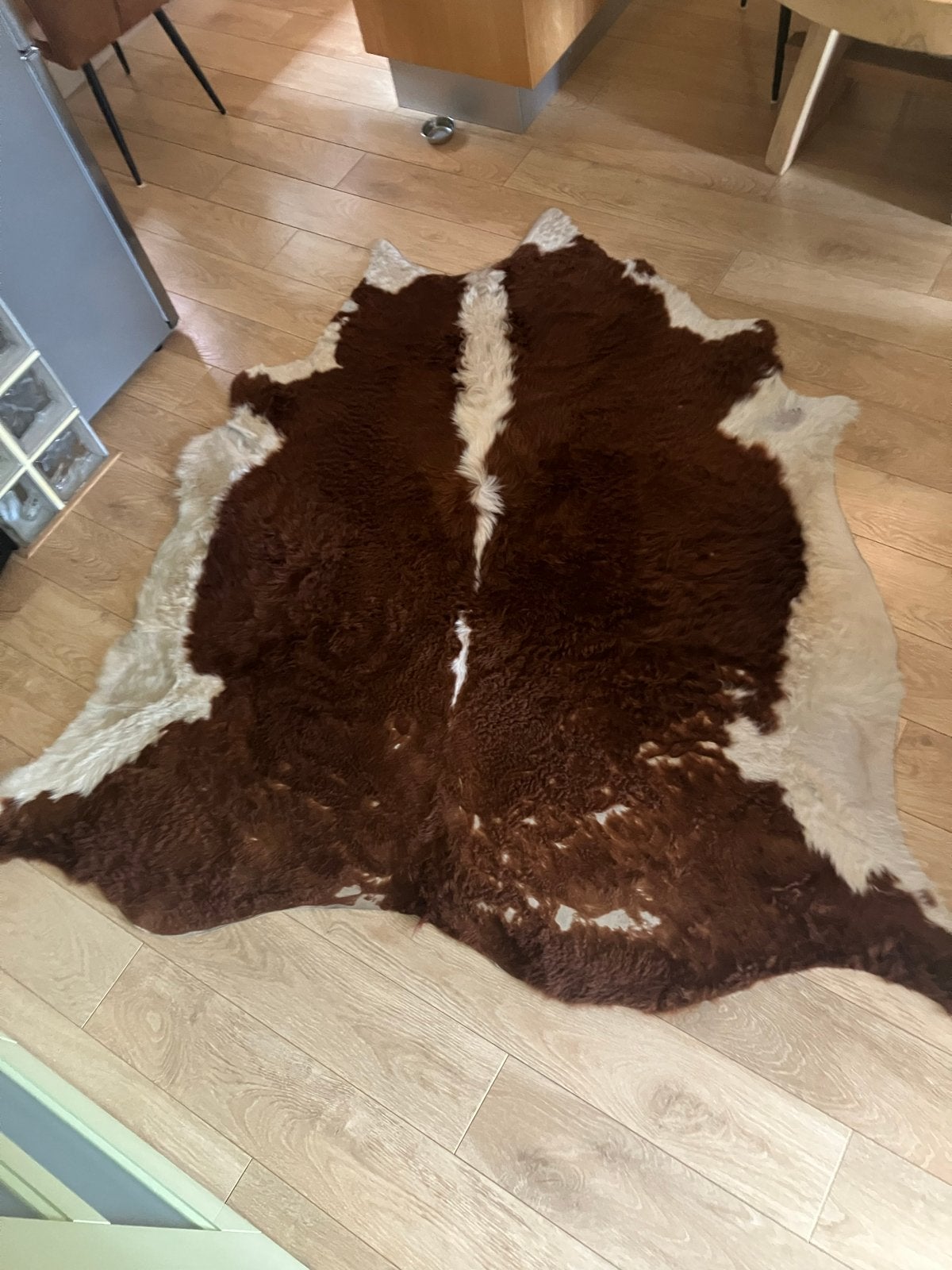 Lang haarig runderhuid vloerkleed - bruin/wit, Gebruikt, Bruin, 200 cm of meer, Ophalen of Verzenden