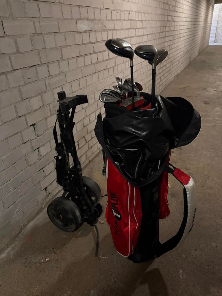 Goltas en trolley, merk Topflite, 8 clubs, 3 drivers , Maxx, Sport en Fitness, Golf, Ophalen, Zo goed als nieuw, Tas