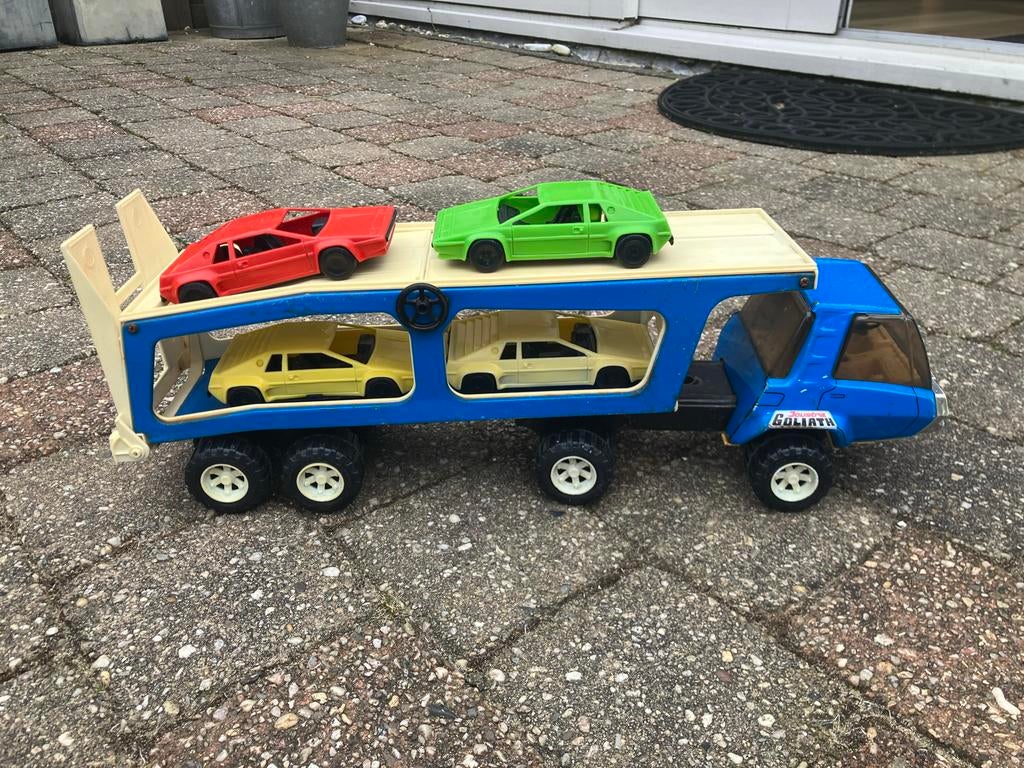 Vintage jaren 70 ijzeren Joustra goliath autotrailer 50 cm, Hobby en Vrije tijd, Overige merken, Gebruikt, Groter dan 1:32, Ophalen of Verzenden