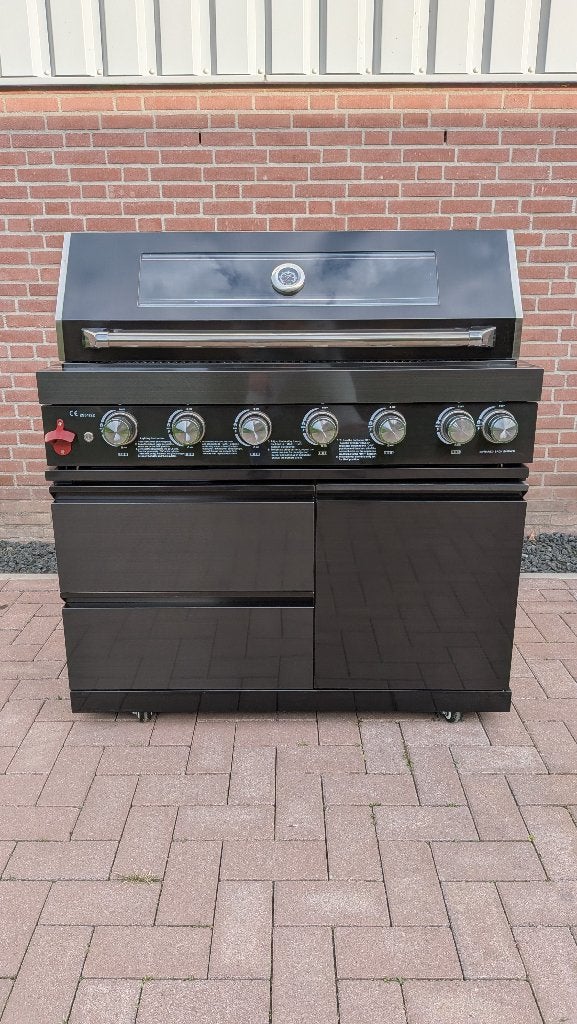 Vrijstaande gas BBQ–6 branders + infrar.– RVS304 titaanzwart, Ophalen, Nieuw, Red Dragon