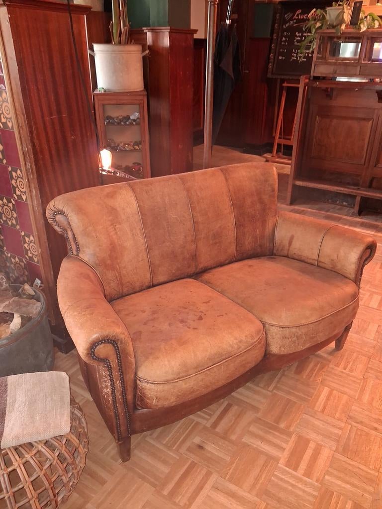 Vintage Chesterfield 2-zits bankje van leer, Ophalen, Gebruikt, 150 tot 200 cm, Tweepersoons