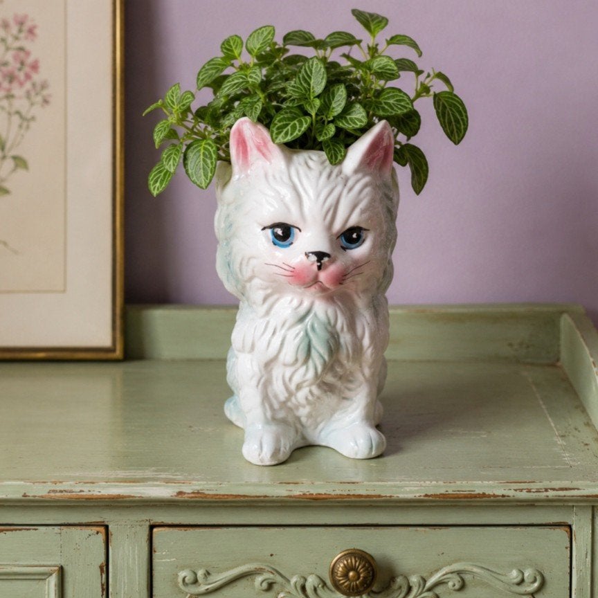 Schattige Katten Bloempot - Keramiek, Vintage, Ophalen of Verzenden, Zo goed als nieuw, Wit