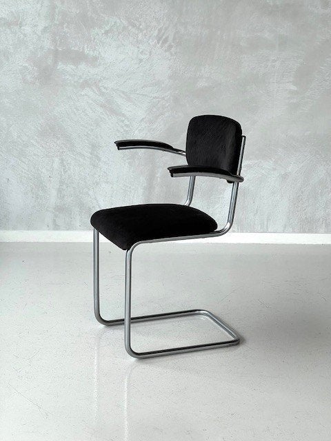 Jaren 60 sledestoel vintage buisframestoel antraciet ribstof, Metaal, Gebruikt, ., Vintage