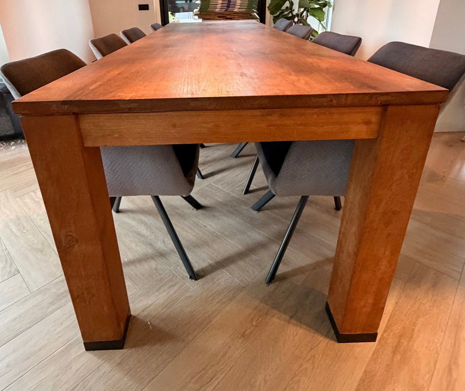 Grote robuuste houten eettafel 300 x 93,5 cm – 8/10 personen, Ophalen, Gebruikt, Teakhout, 200 cm of meer