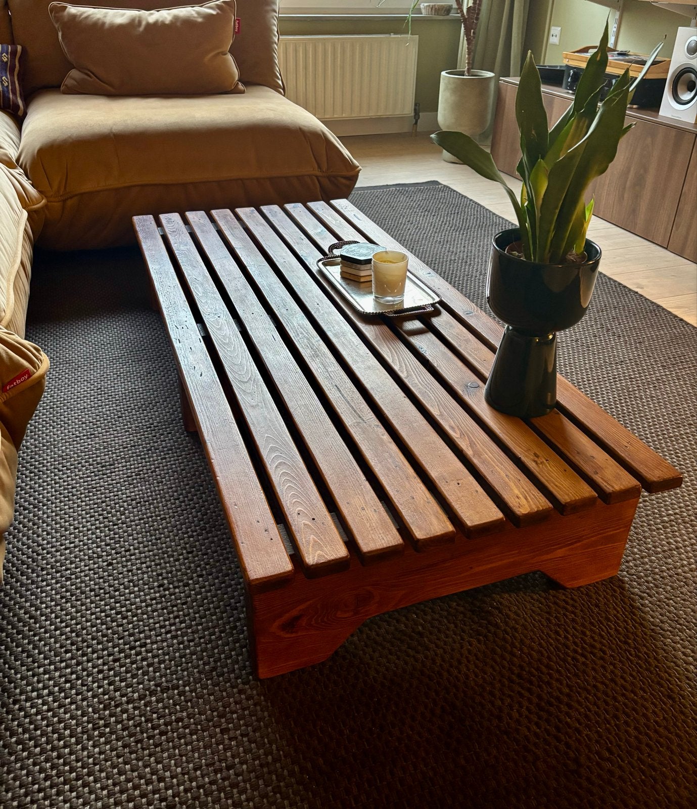 Vintage brutalist mid century modern latten salontafel, Ophalen, Gebruikt, 100 tot 150 cm, 50 tot 100 cm