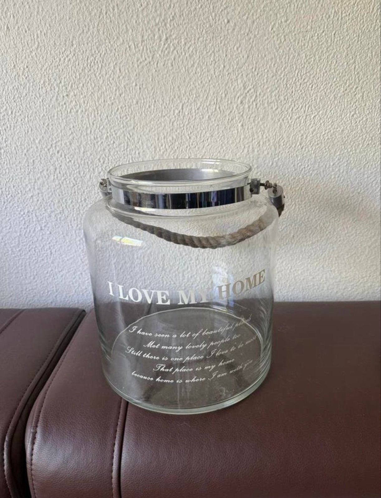 Glazen windlicht/vaas met touw en tekst 'I love my home', Ophalen of Verzenden, Zo goed als nieuw, Glas, Modern