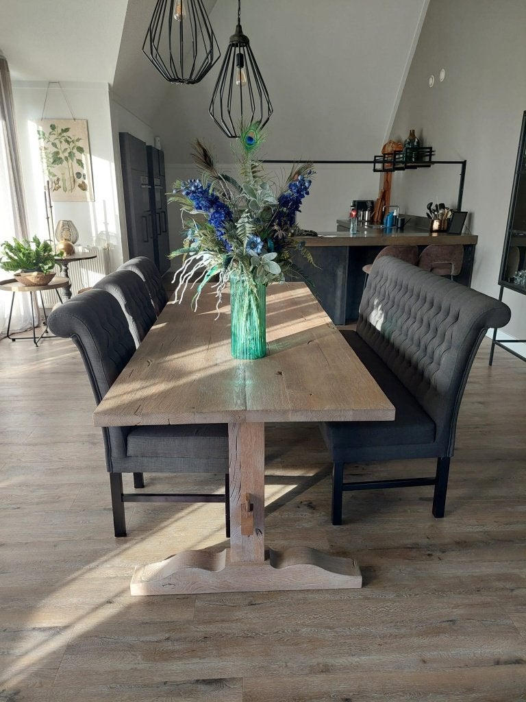 Robuuste eiken eettafel 240 cm + eetkamerbank + 3 stoelen, Ophalen, Gebruikt, Eikenhout, 200 cm of meer