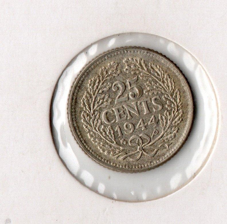 25 cent 1944 (P), Verzenden, Koningin Wilhelmina, 25 cent, Zilver