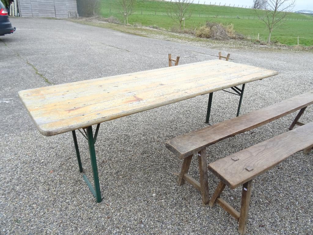 vintage inklapbare Franse grote biertafel bier tafel 220 cm, Ophalen, Gebruikt, Rechthoekig, Hout