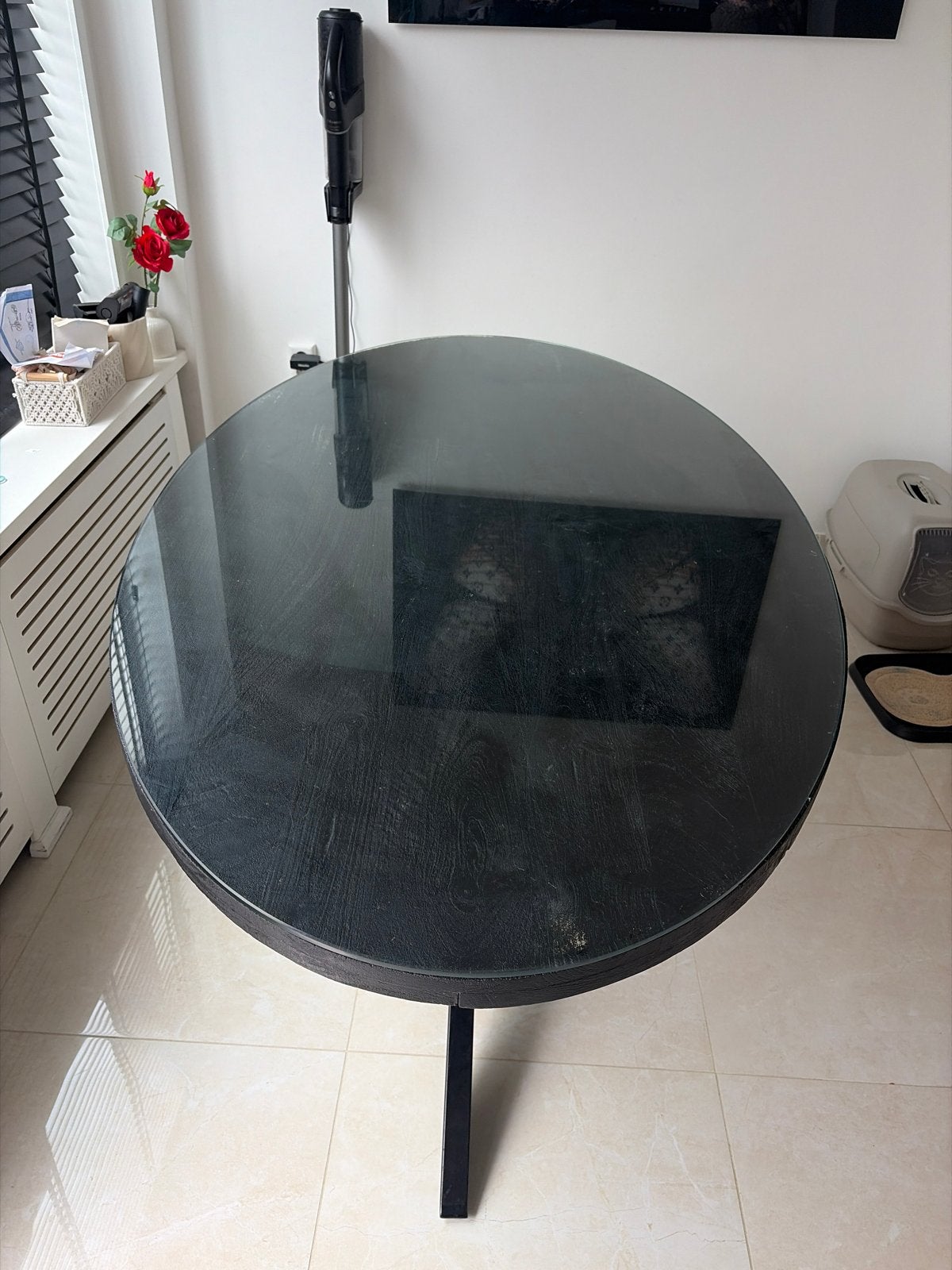 Ovaal eettafel met glazen blad mango hout, Huis en Inrichting, Ophalen, Gebruikt, 50 tot 100 cm, Glas