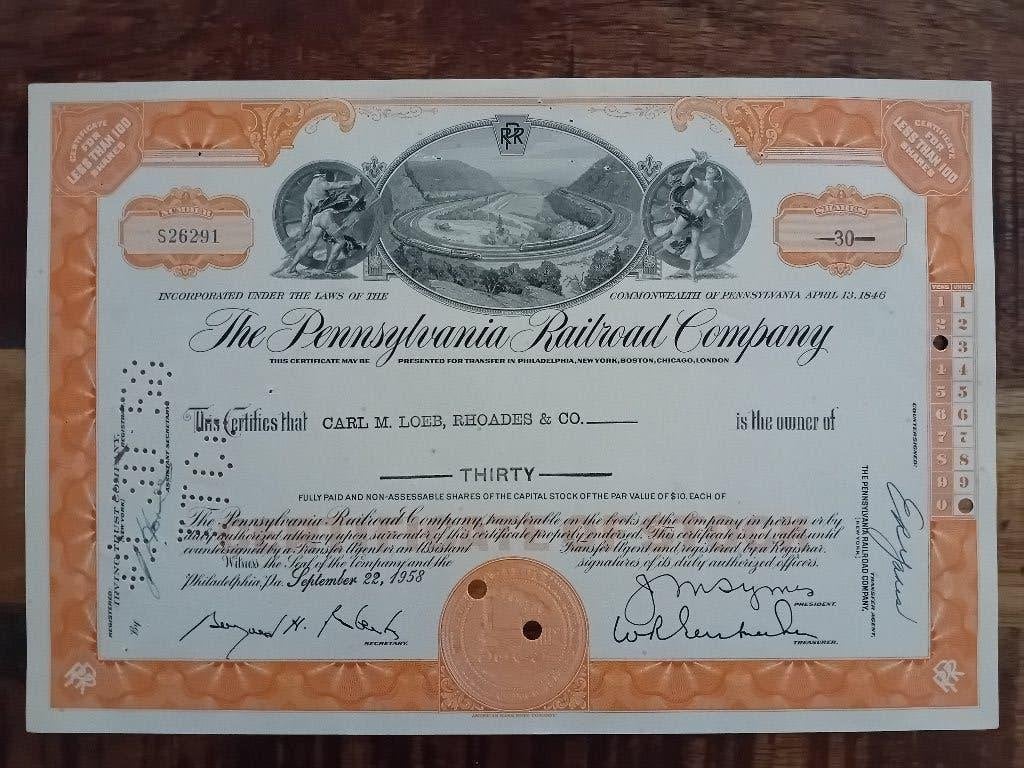 Pennsylvania Railroad Company - oranje - 1958, Postzegels en Munten, Aandelen en Waardepapieren, Ophalen of Verzenden, 1950 tot 1970