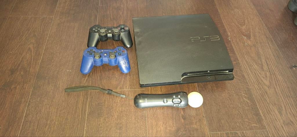PlayStation 3 Slim CECH-3004A met 2 controllers en Move, Gebruikt, Met 2 controllers, Ophalen of Verzenden, 160 GB
