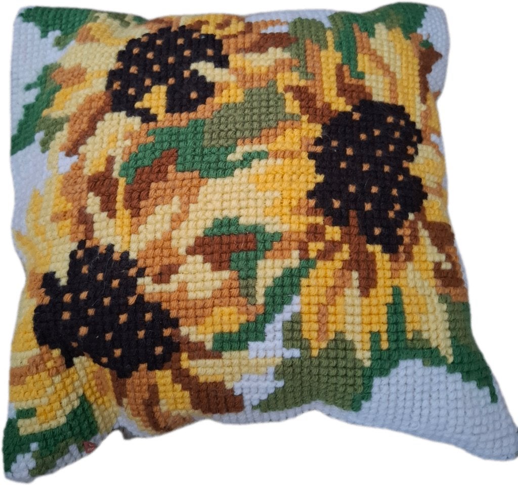 Vintage geborduurde kussen met gele bloemen, Overige merken, Gebruikt, Geel, Vierkant