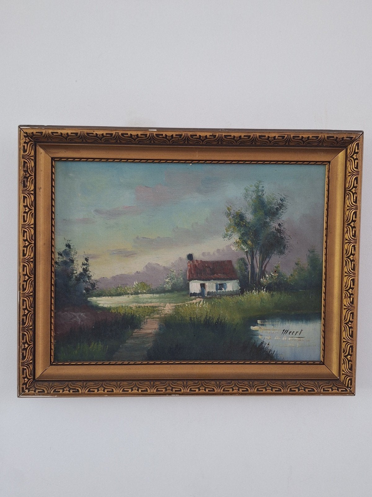 Schilderij 'Huisje aan het water' gesigneerd Meert, Doek, Realistisch, Ophalen of Verzenden, Landschap