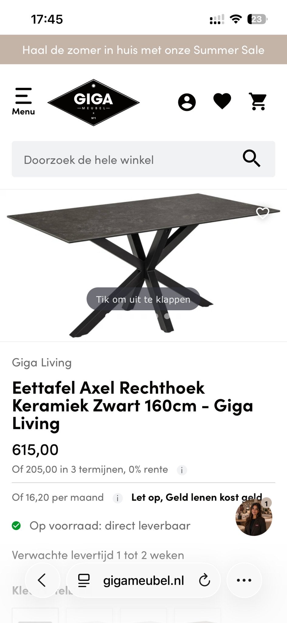 Eettafel Axel Keramiek Zwart/betonlook 160cm - Giga Living, Huis en Inrichting, Ophalen, 50 tot 100 cm, Zo goed als nieuw, Vier personen