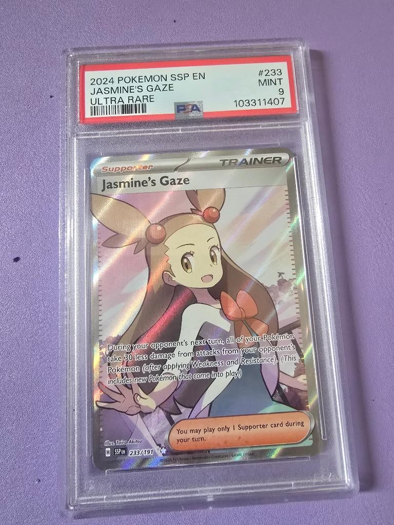 2024 Pokemon Jasmine's Gaze PSA GRADED 9 Mint, Ophalen of Verzenden, Zo goed als nieuw, Losse kaart, Foil