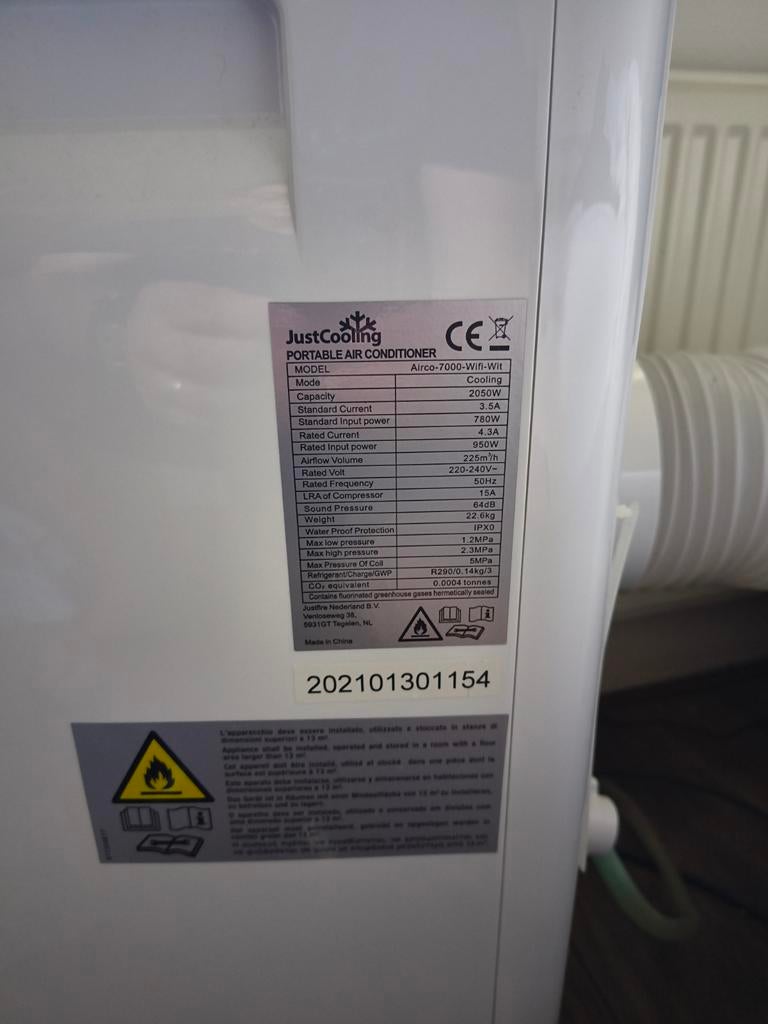 JustCooling Mobiele Airco Airco-7000-Wifi-Wit 2050W, Gebruikt, Minder dan 60 m³, Ophalen of Verzenden, Koelen en Ontvochtigen