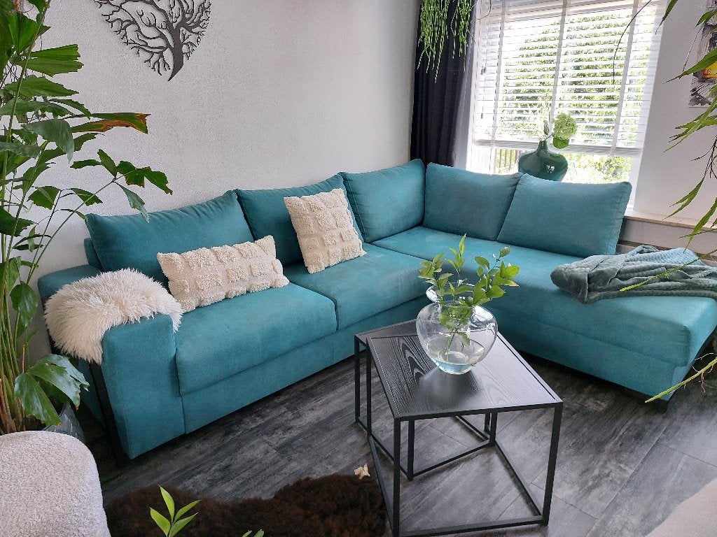Prachtige hoekbank petrol 2.65 bij 2.00 kat/pup bestendig, Ophalen, Hoekbank, Zo goed als nieuw, 150 cm of meer