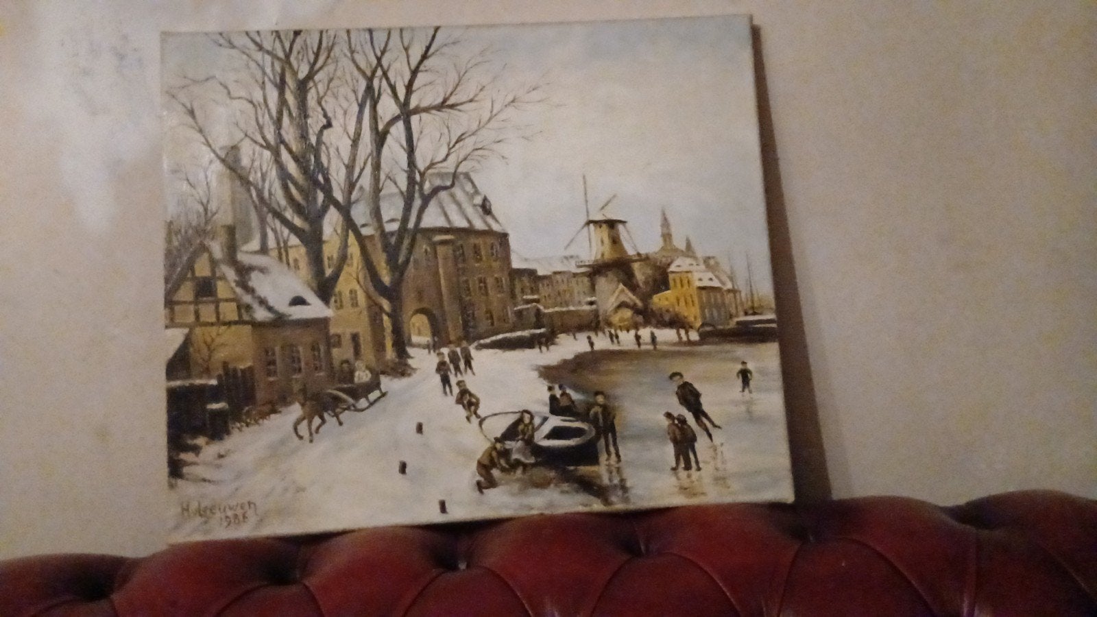 Henk van leeuwen schilderij Winterlandschap met Schaatsers,, Antiek en Kunst, Ophalen