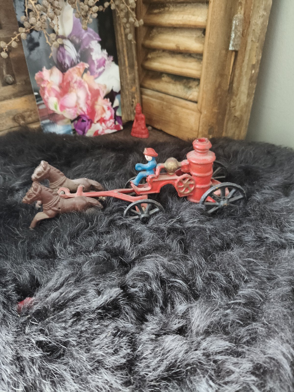 Antieke gietijzeren brandweerwagen met paarden, Ophalen of Verzenden