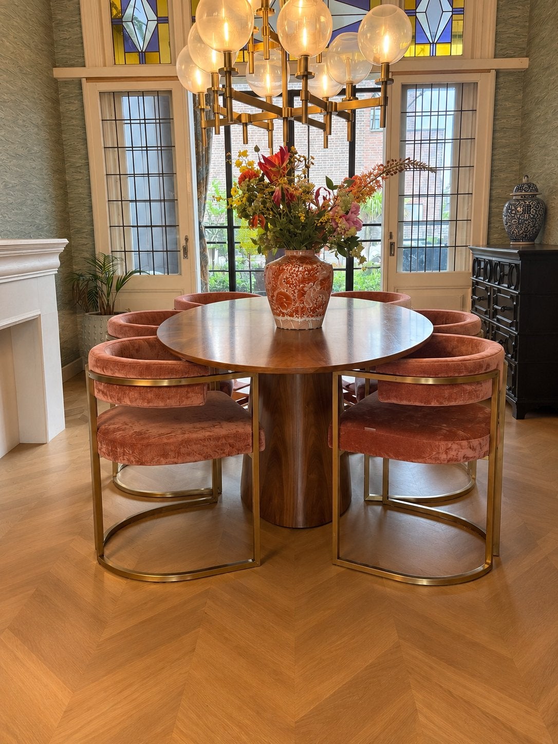 Luxe Eetkamerstoelen - Roze Velours met Gouden Frame, Huis en Inrichting, Ophalen, Overige kleuren, Zo goed als nieuw, Metaal