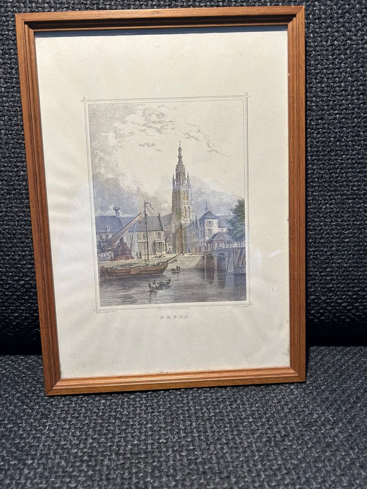 Historische Gravure Breda 1858 - Haven, Brug, Grote Kerk, Antiek en Kunst, Ophalen, Handgekleurd, 1800 - 1899, Stadsgezicht