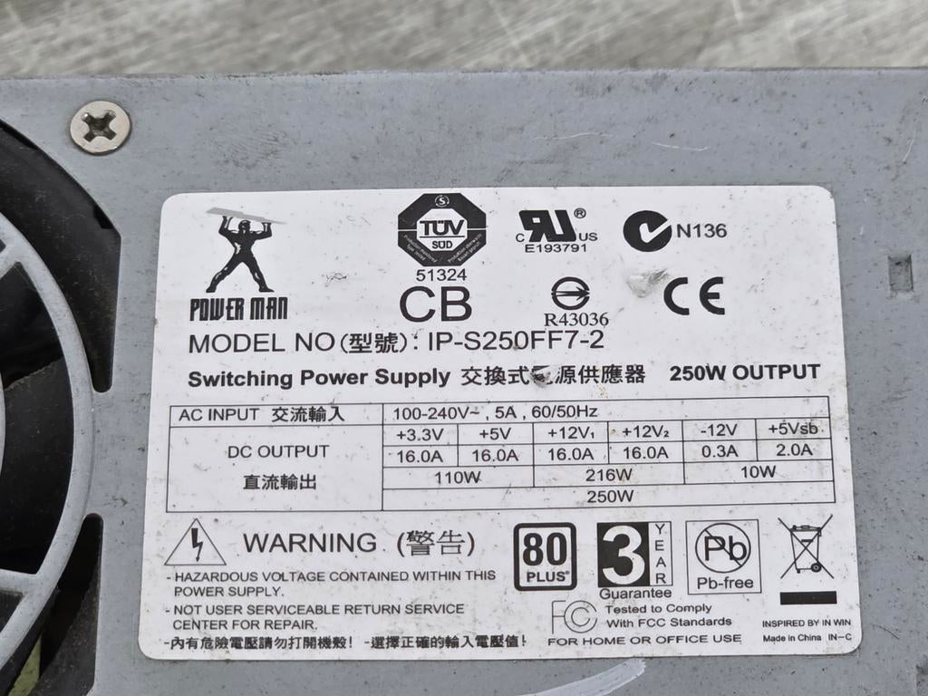 Power man 250w max voeding psu power supply ip-s250ff7-2, Ophalen of Verzenden, Gebruikt