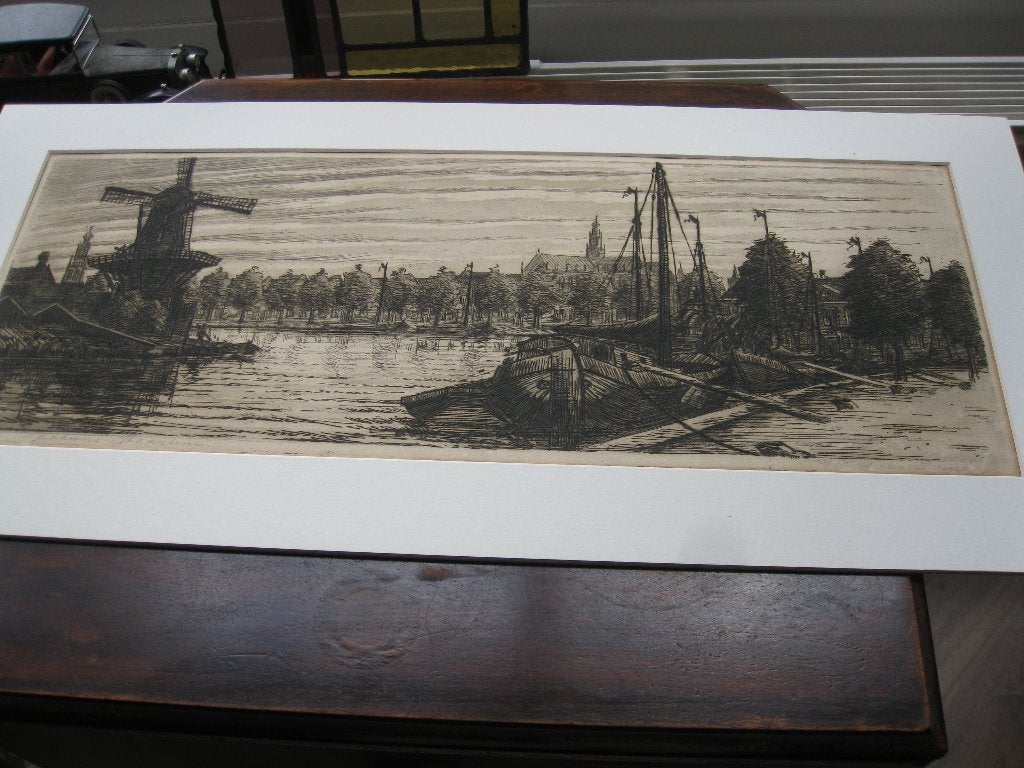 Antieke ets van Jos Wall Perné, Het Spaarne in Haarlem., Ophalen, Ets, Gesigneerd