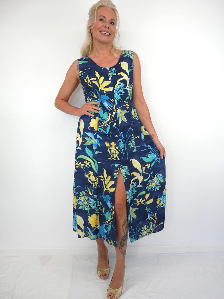 *Abfab Vintage Blauwe Gebloemde Doorknoop Jurk 40*, Maat 38/40 (M), Blauw, Ophalen of Verzenden, Zo goed als nieuw