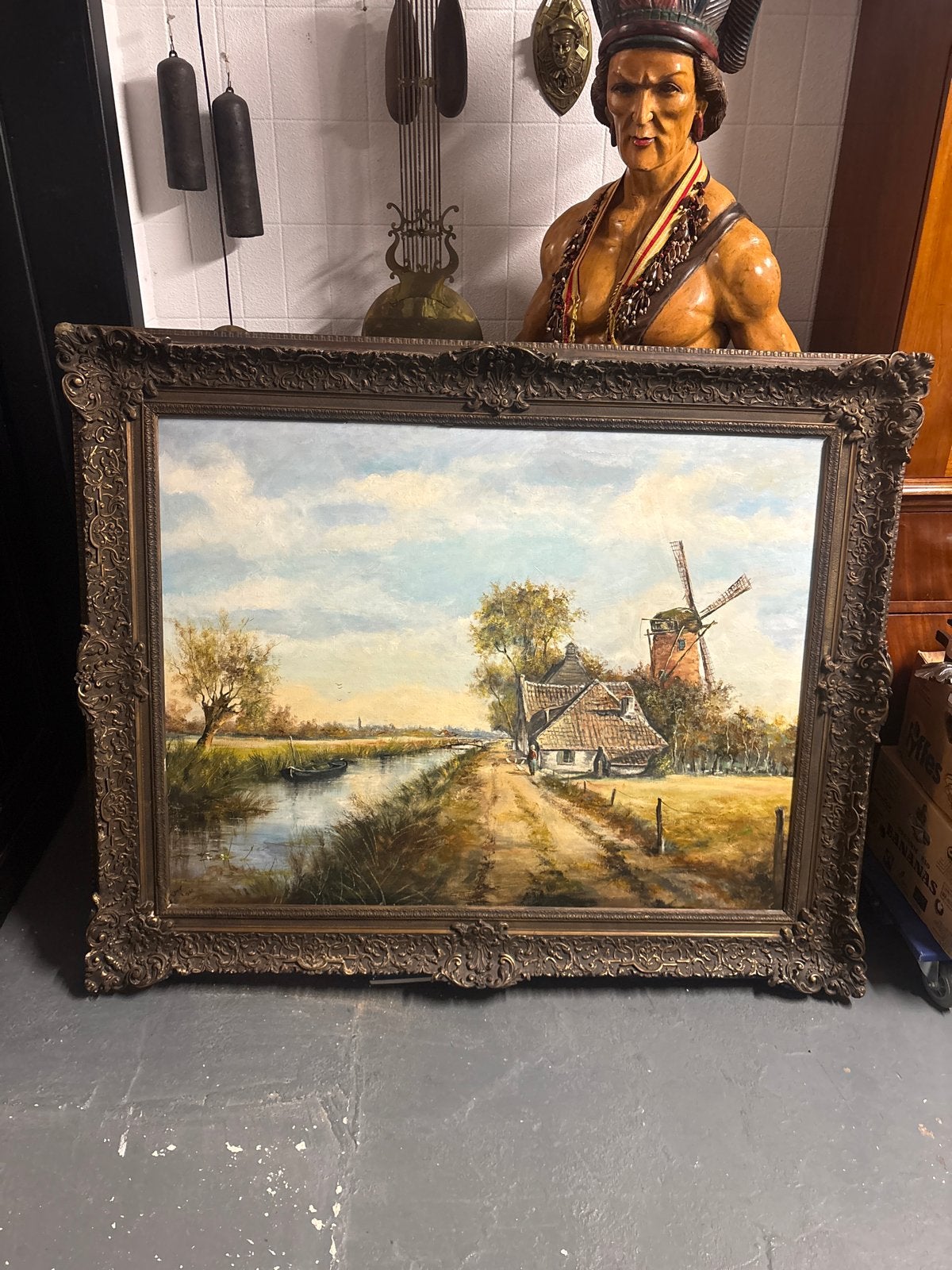 Schilderij Hollands Landschap met Molen - Gesigneerd André 1, Ophalen, Gedateerd, Doek, Realistisch