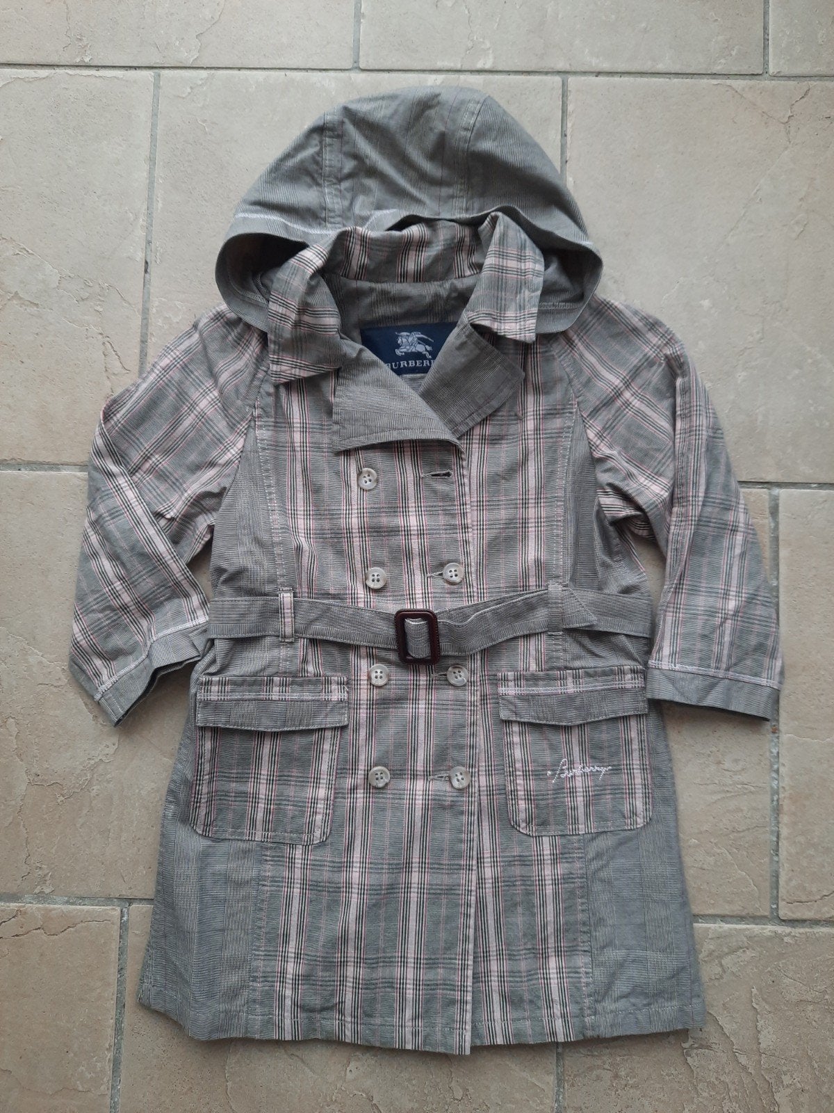 Burberry: mooie klassieke jas trenchcoat grijs roze maat 92, Ophalen, Meisje, Zo goed als nieuw, Burberry