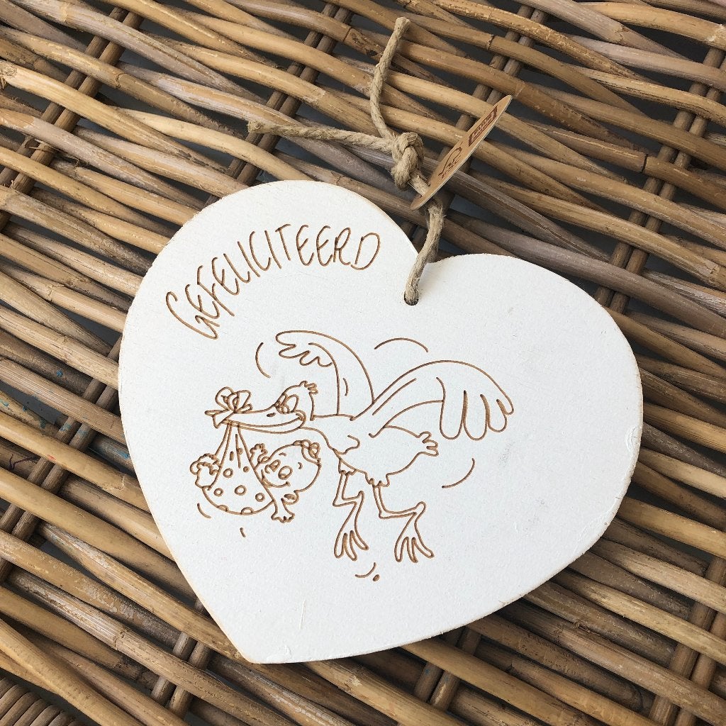 Baby Kraamkado gefeliciteerd Ooievaar, Ophalen, Nieuw, Wit, Hout