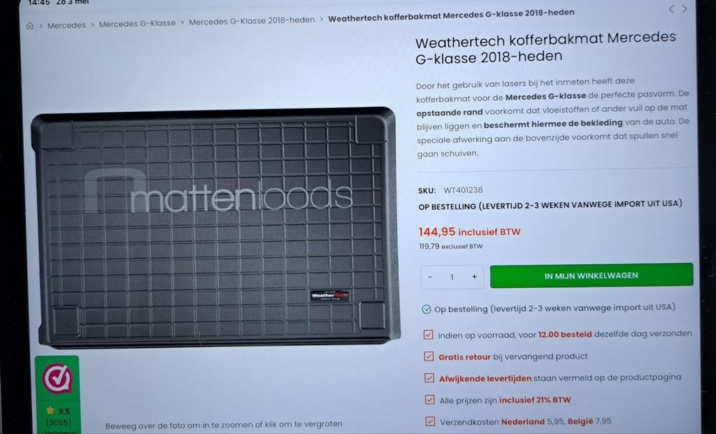Weathertech kofferbakmat Mercedes G-Klasse 2018-heden nieuw, Auto diversen, Kofferbakmatten, Ophalen of Verzenden, Nieuw