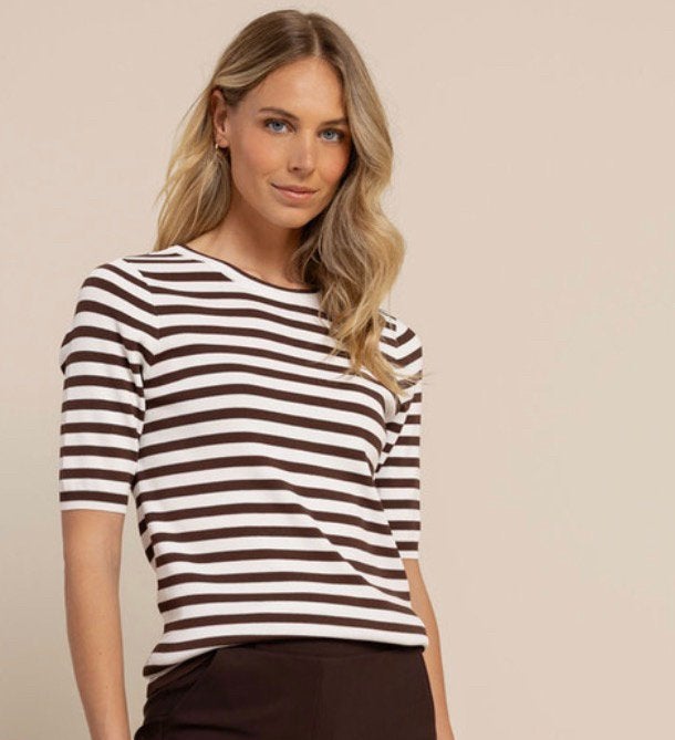 Studio anneloes luna stripe pullover trui XXL espresso NIEUW, Bruin, Verzenden, Maat 46/48 (XL) of groter, Zo goed als nieuw