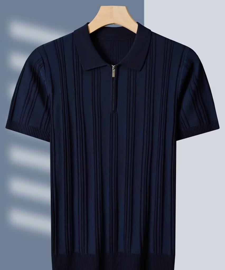 Luxe navy zip polo heren maat L nieuw old money  ribbed, Kleding | Heren, Polo's, Verzenden, Nieuw, Maat 52/54 (L), Blauw