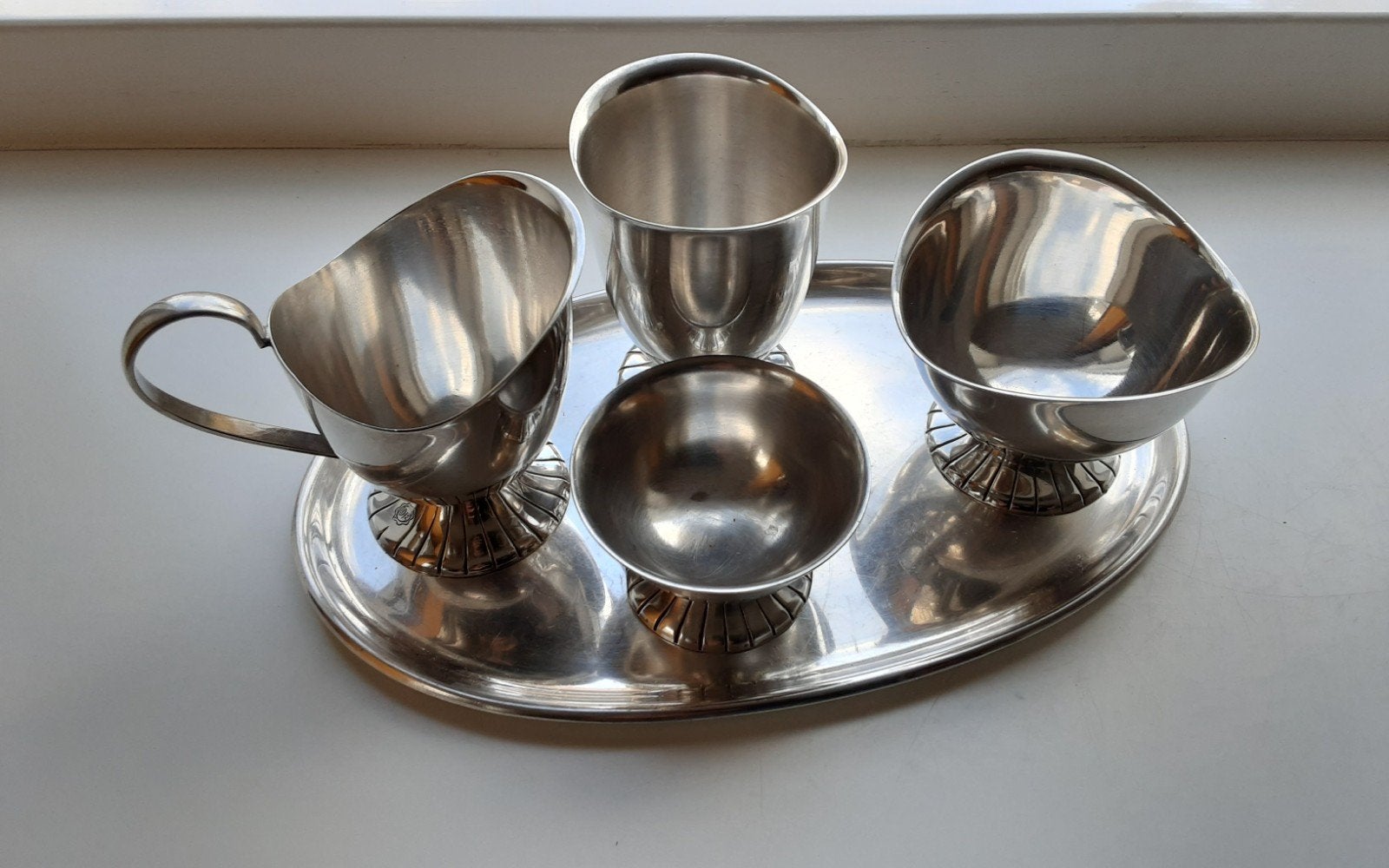 Verzilverd 5 delig DE set, melkkannetje, suikerpotje e.d., Ophalen of Verzenden, Overige materialen, Overige stijlen, Overige typen