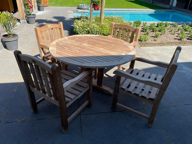 Teakhouten tuinset, ronde tafel met 4 stoelen, Ophalen, 4 zitplaatsen, Teakhout, Zo goed als nieuw