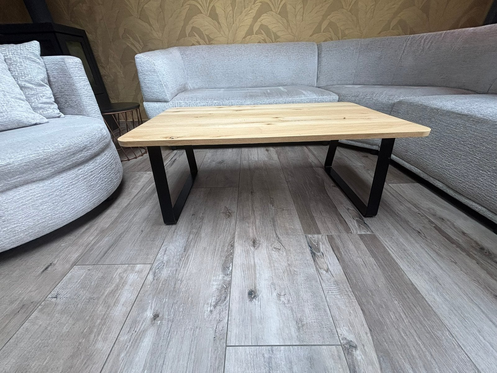 Prachtige eikenhouten salontafel met zwart staal, Ophalen, 100 tot 150 cm, 50 tot 100 cm, Zo goed als nieuw