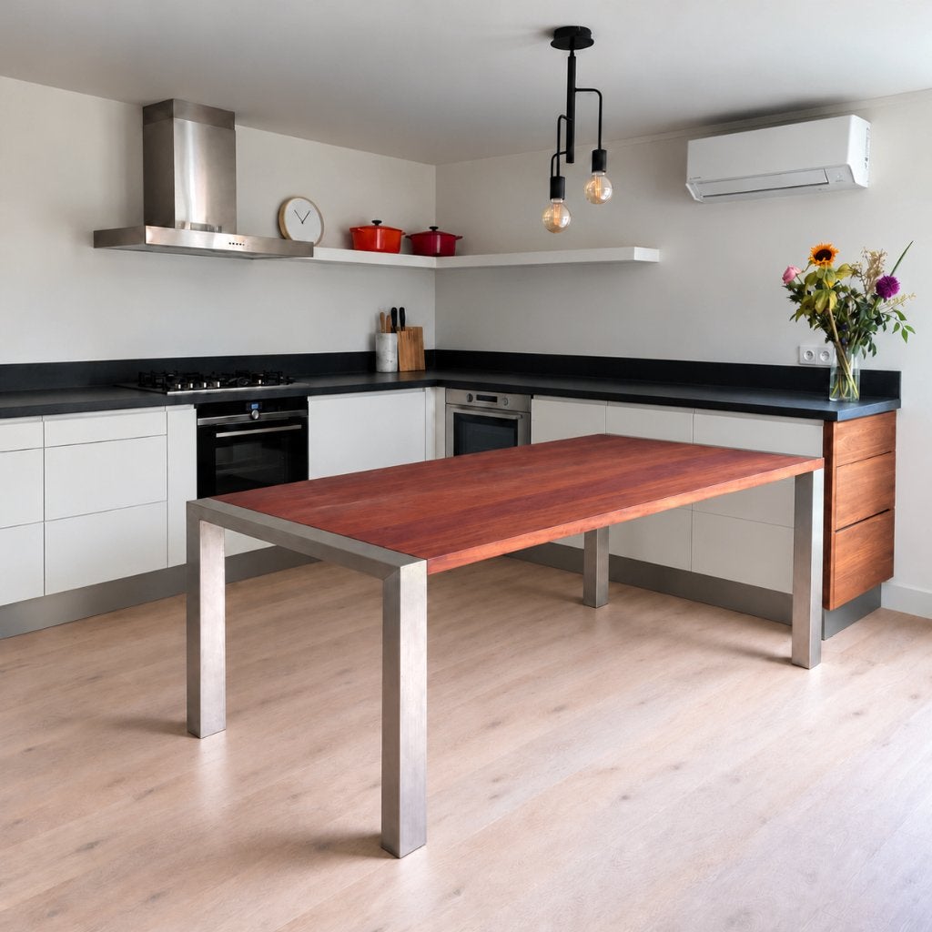 Stevige eettafel met massief houten blad en rvs, Gebruikt, 200 cm of meer, 50 tot 100 cm, Vijf personen of meer