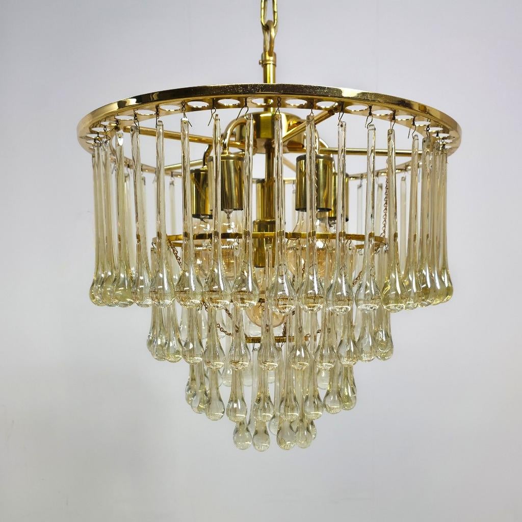 PALWA kroonluchter teardrop 4 laags messing vintage, Huis en Inrichting, Lampen | Kroonluchters, Ophalen of Verzenden, Glas