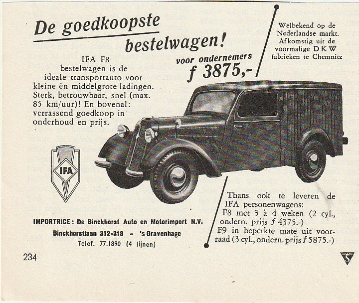retro reclame 1952 IFA F8 auto Den Haag bestelwagen, Verzenden, Overige typen