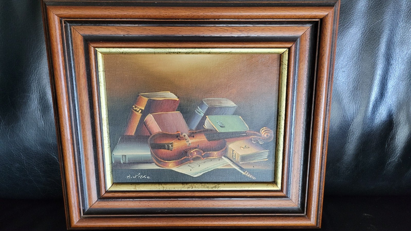 Stilleven met viool en boeken, gesigneerd, Doek, Ophalen of Verzenden, Olieverf, Klassiek