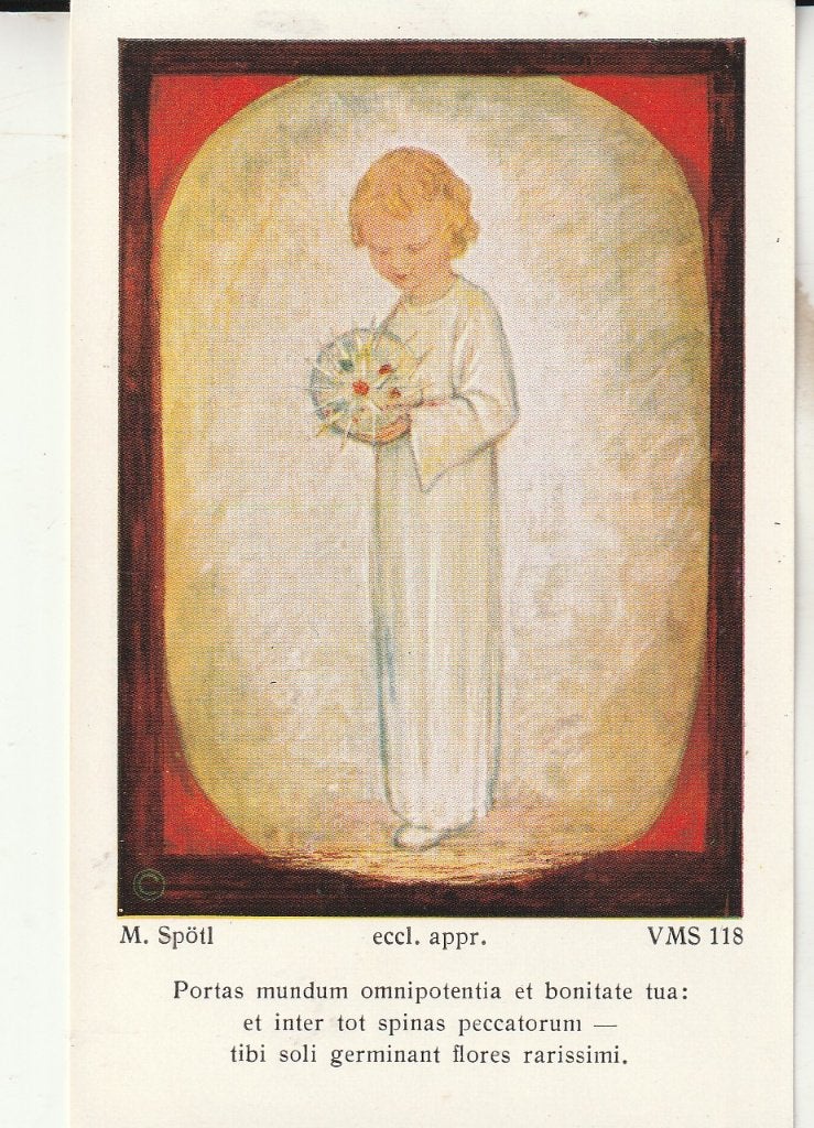 Vintage prentje: Kind met bloemen, M. Spötl, Ophalen of Verzenden, Gebruikt, Kaart of Prent, Christendom | Katholiek