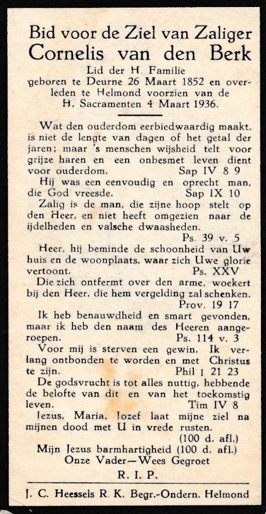 Berk Cornelis 1852 Deurne 1936 Helmond, Ophalen of Verzenden, Bidprentje