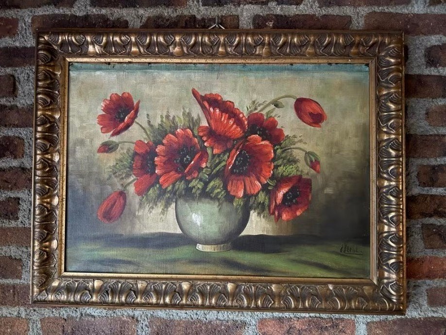 Olieverfschilderij Klaprozen Vaas gesigneerd brocante lijst, Doek, Bijzondere lijst, Olieverf, Klassiek