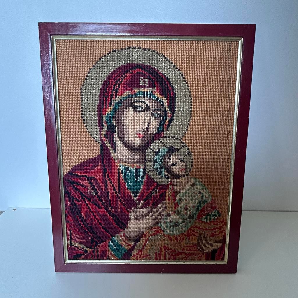Vintage handgemaakt borduurwerk cross stitch Maria met kind, Antiek en Kunst, Ophalen of Verzenden