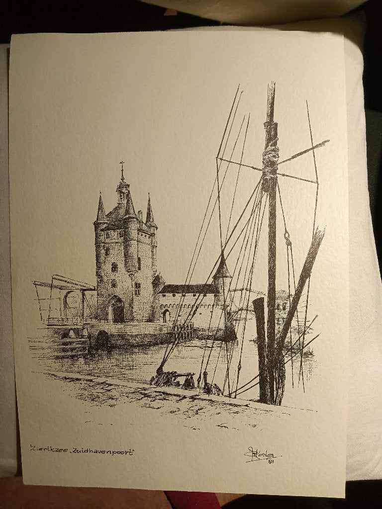 Inkttekening van de Zuidhavenpoort in Zierikzee, Ophalen of Verzenden, 1980 tot heden, Zeeland